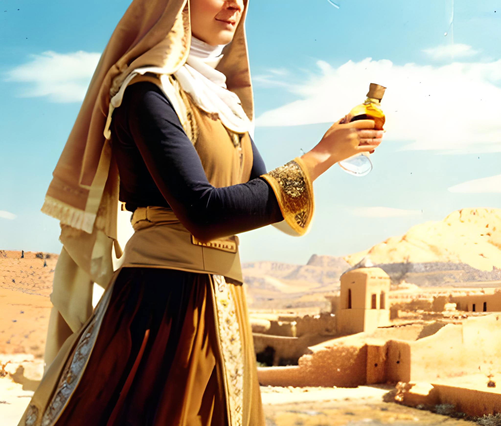 Une femme tenant une bouteille remplie d'huile d'argan dans un désert avec une ancienne ville en arrière-plan